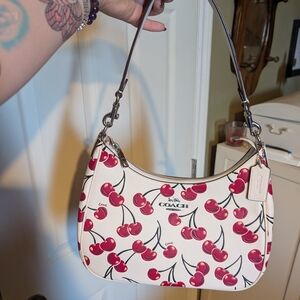 Coach Cherry Print Shoulder Bag in White & Red